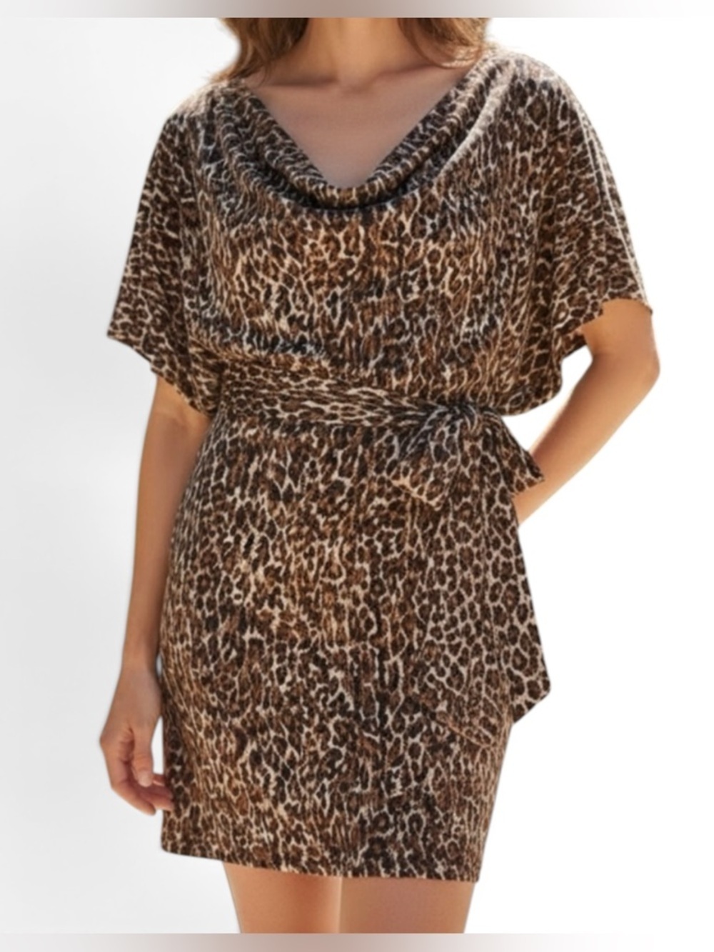 Carrie Allen Boutique Leopard Print Cowl Neck Angel Sleeves Sz M Dress | EUC